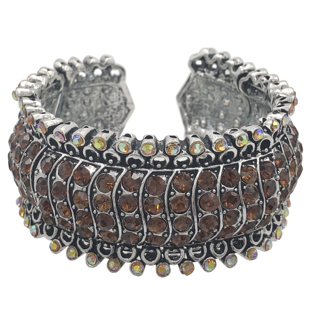 Brown Rhinestone Silver Chunky Statement Wide Large Cuff Bangle Bracelet